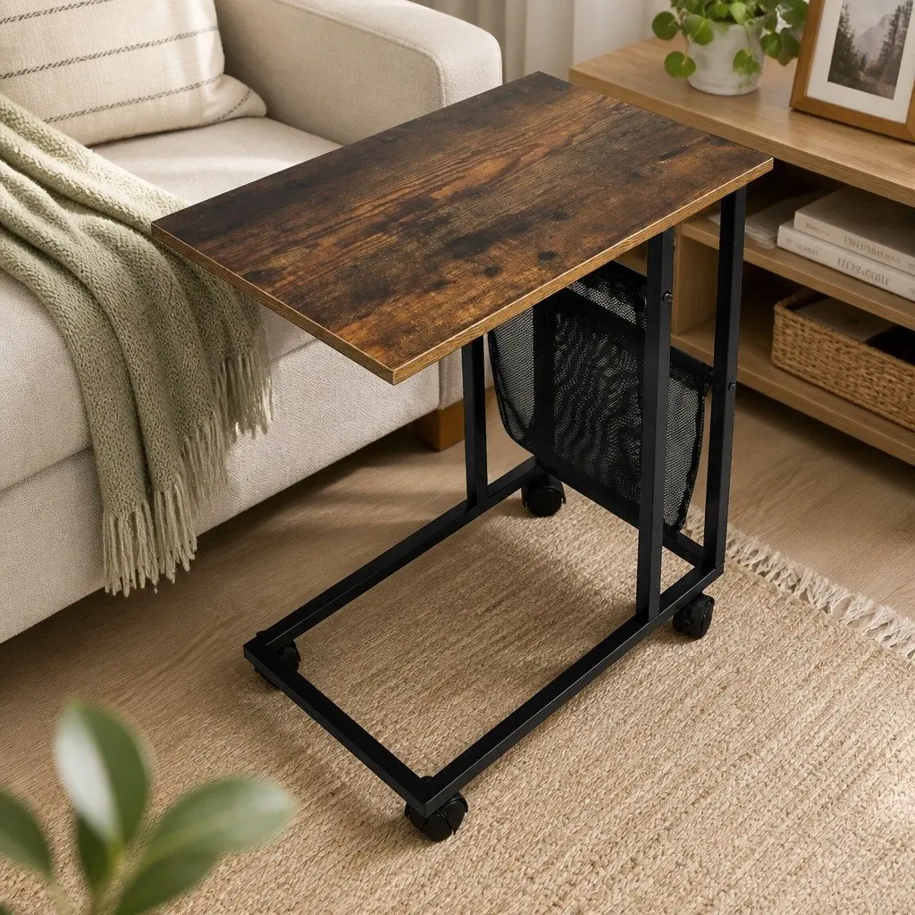 Side Table Industrial Style Mobile with Mesh Storage 55cm W x 35cm D x 69cm H