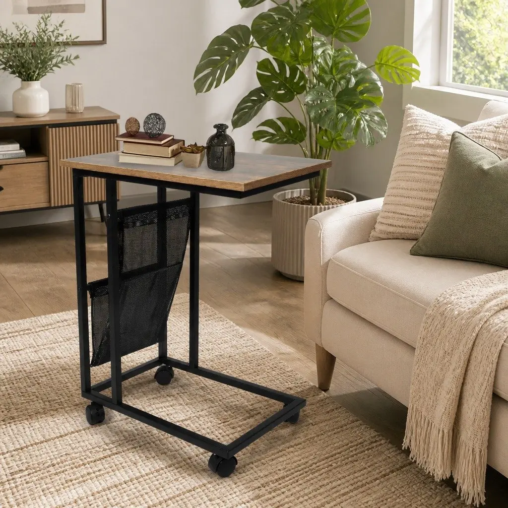 Side Table Industrial Style Mobile with Mesh Storage 55cm W x 35cm D x 69cm H
