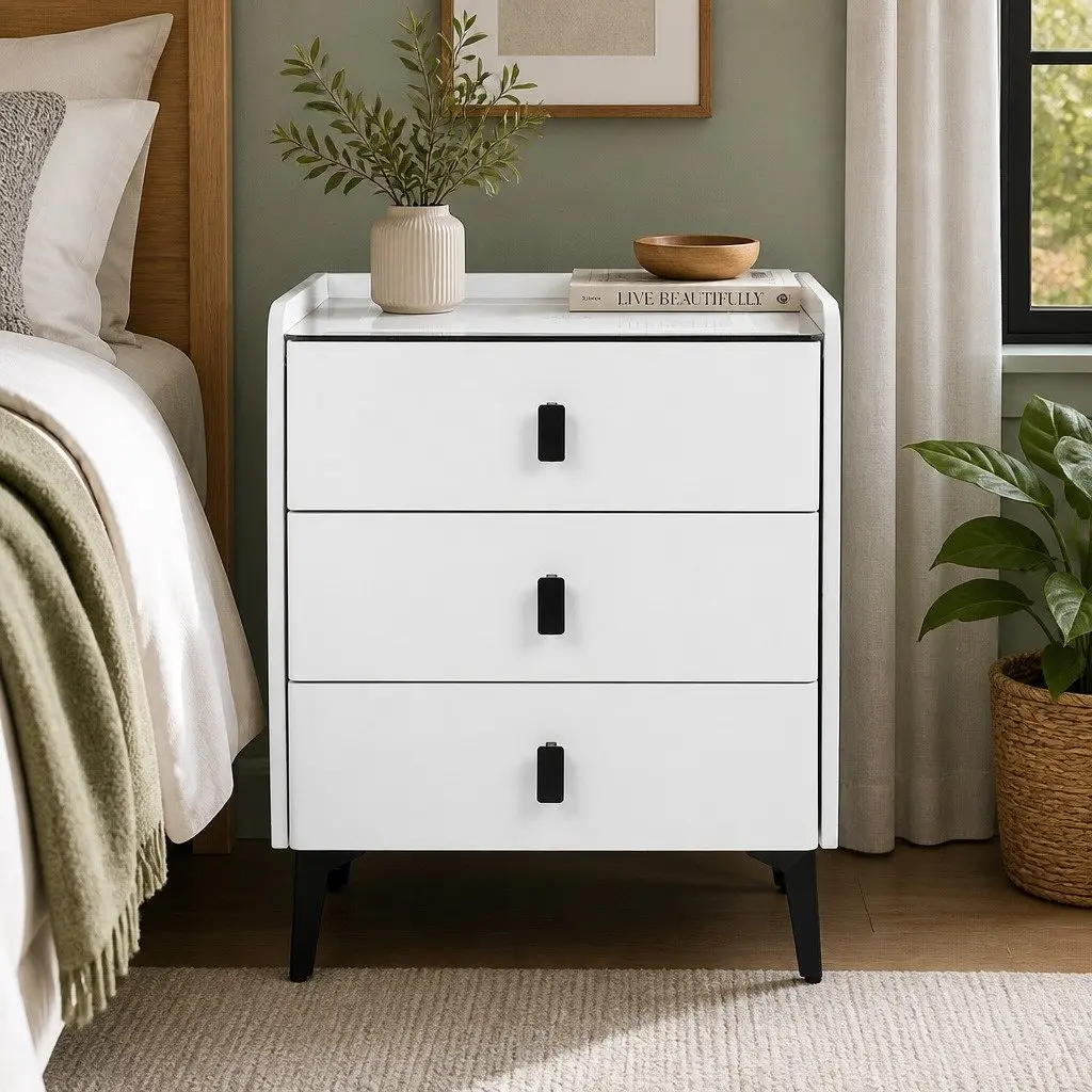 Bedside Table with LED Lights USB Charging Bluetooth Speaker Drawers Storage