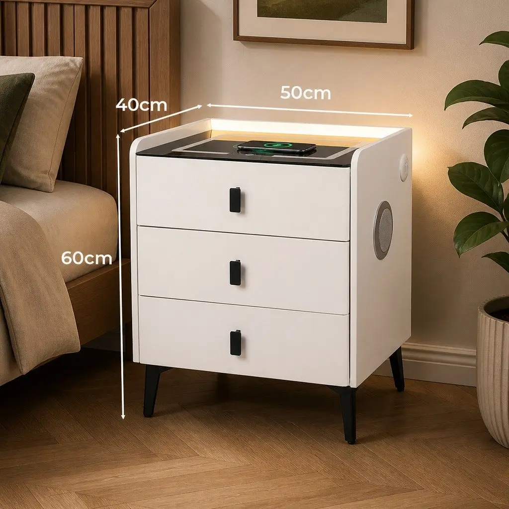 Bedside Table with LED Lights USB Charging Bluetooth Speaker Drawers Storage