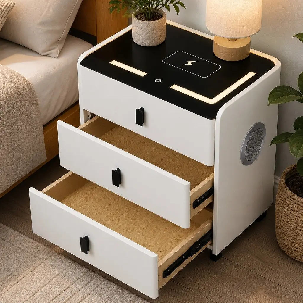 Bedside Table with LED Lights USB Charging Bluetooth Speaker Drawers Storage