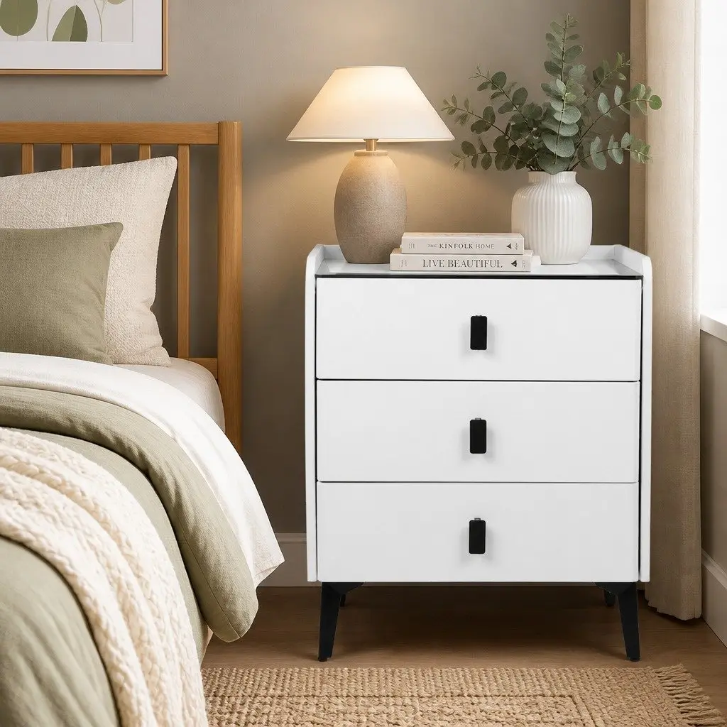 Bedside Table with LED Lights USB Charging Bluetooth Speaker Drawers Storage