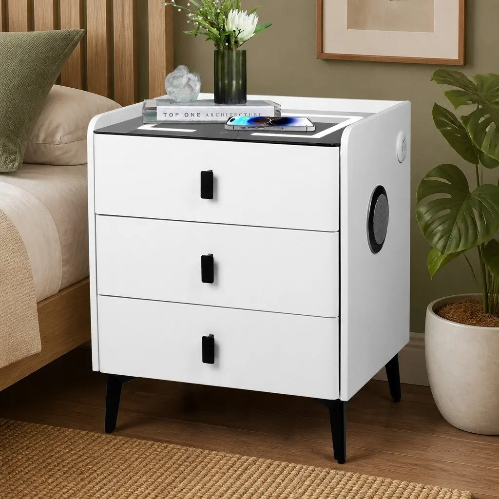Bedside Table with LED Lights USB Charging Bluetooth Speaker Drawers Storage
