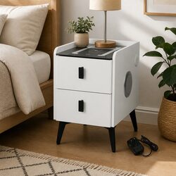 Bedside Table with LED Lights Wireless Charging USB Ports Drawers Storage
