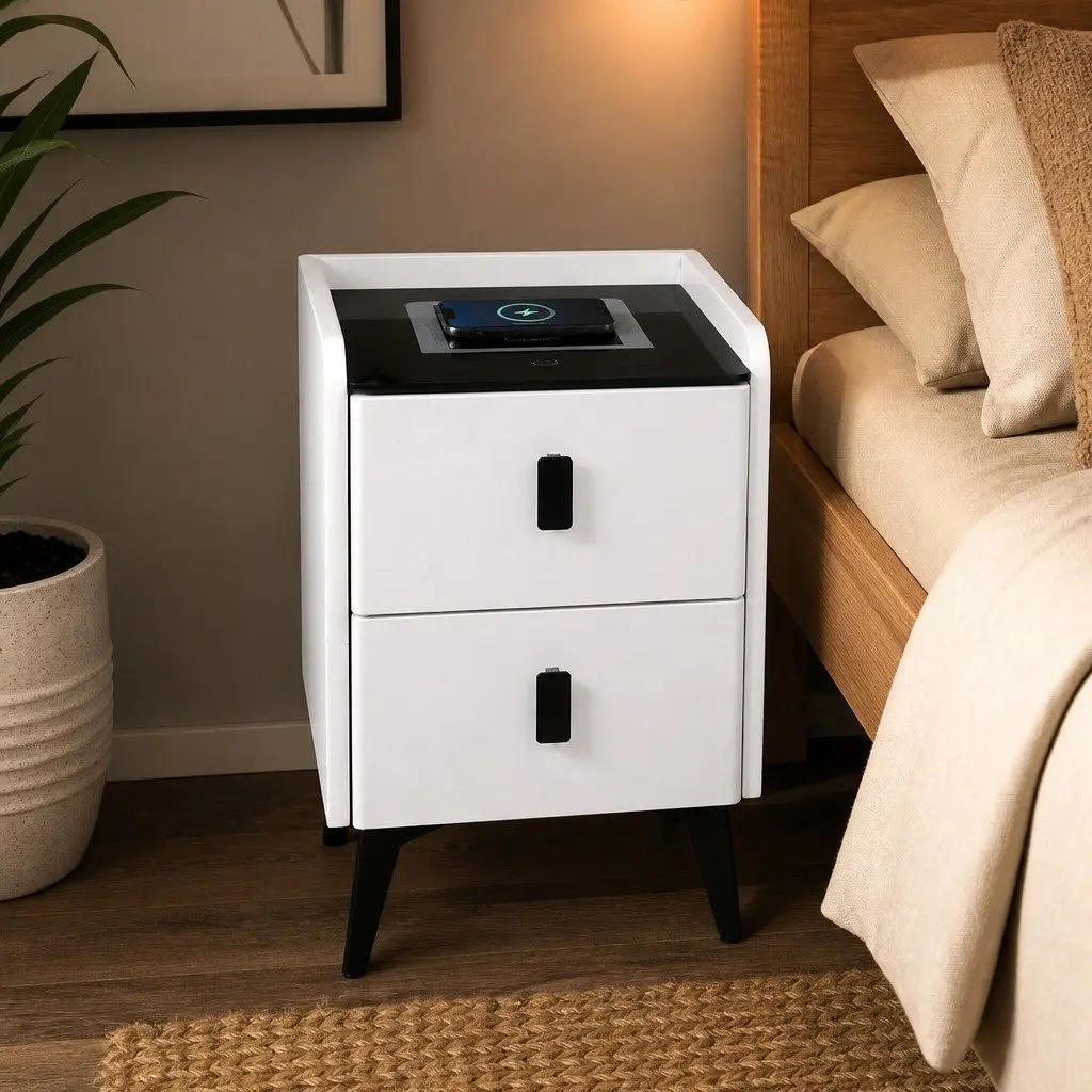 Bedside Table with LED Lights Wireless Charging USB Ports 30cm x 40cm x 46cm