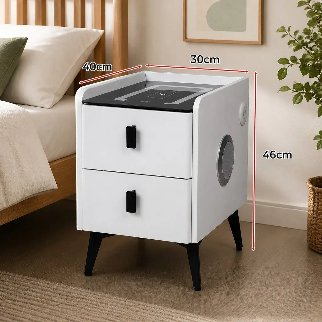 Bedside Table with LED Lights Wireless Charging USB Ports 30cm x 40cm x 46cm