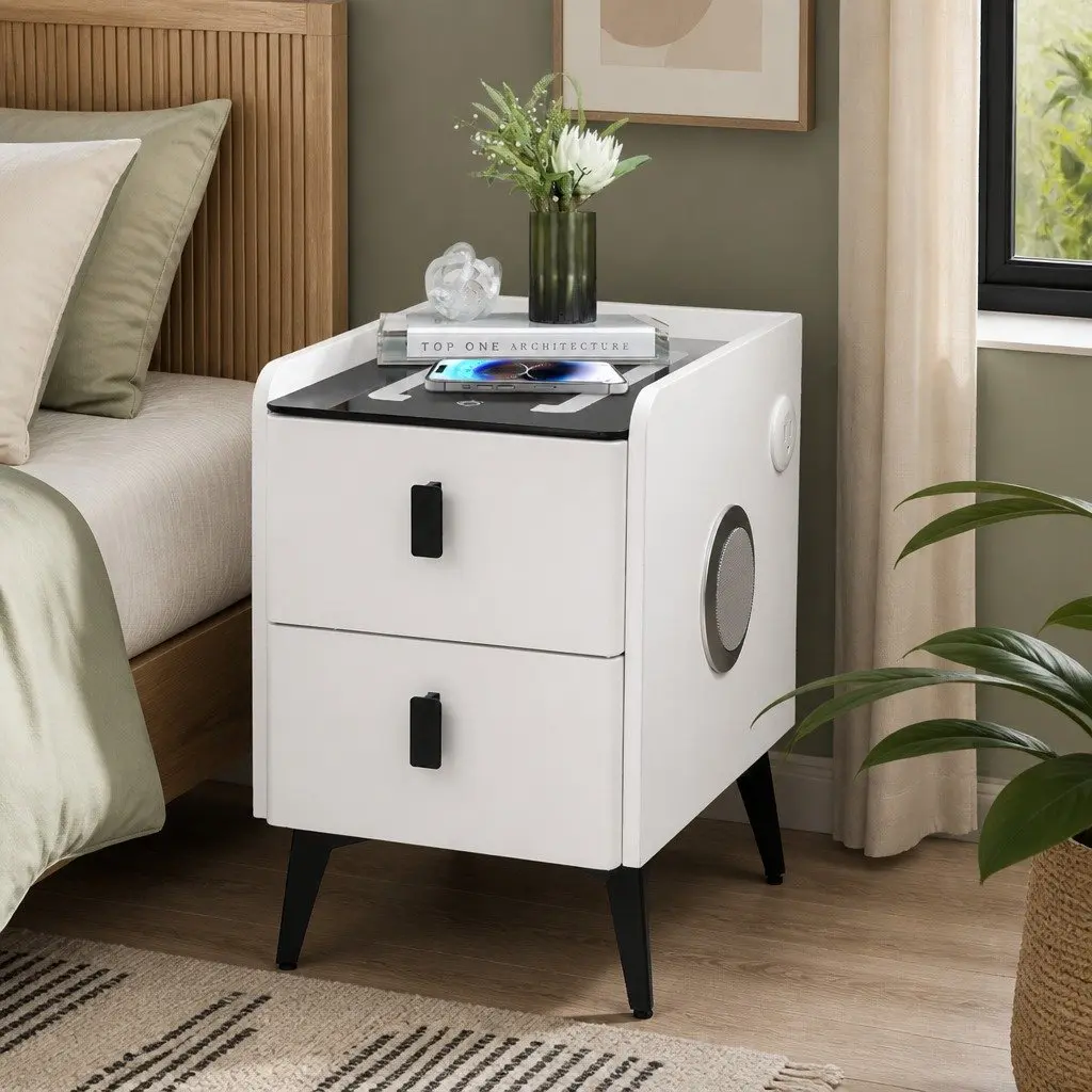 Bedside Table with LED Lights Wireless Charging USB Ports 30cm x 40cm x 46cm