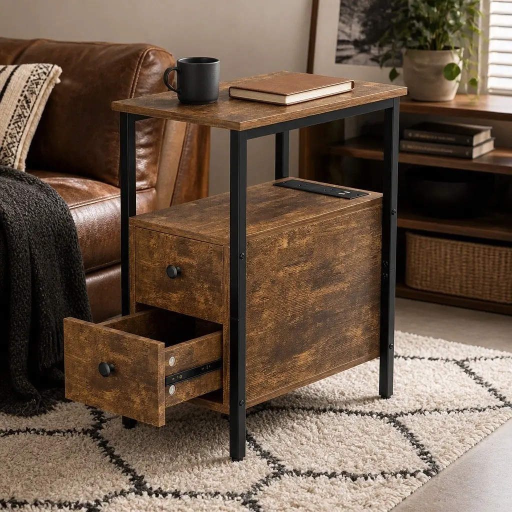 Side Table Narrow End Table with Charging Station USB Ports Drawers Storage