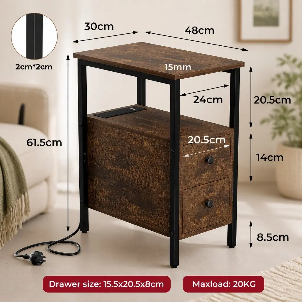 Side Table Narrow End Table with Charging Station USB Ports Drawers Storage