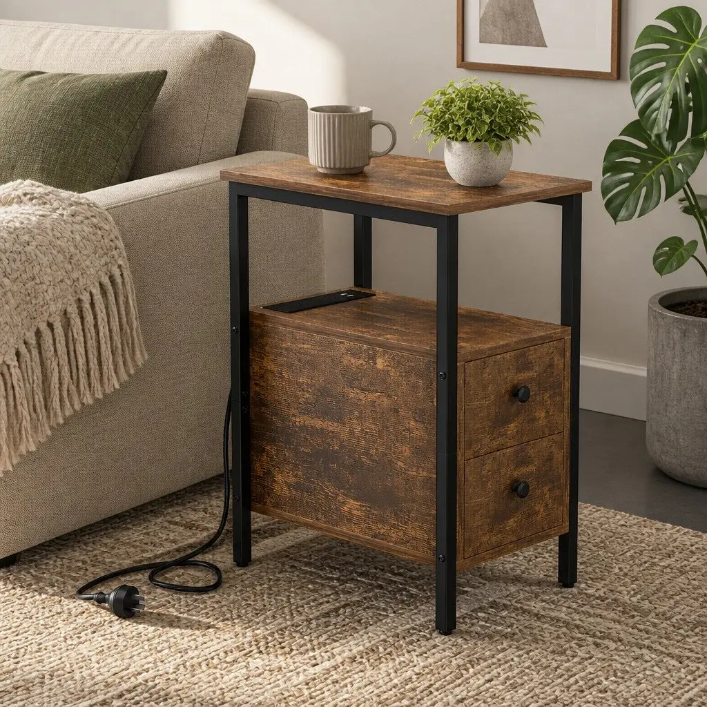 Side Table Narrow End Table with Charging Station USB Ports Drawers Storage