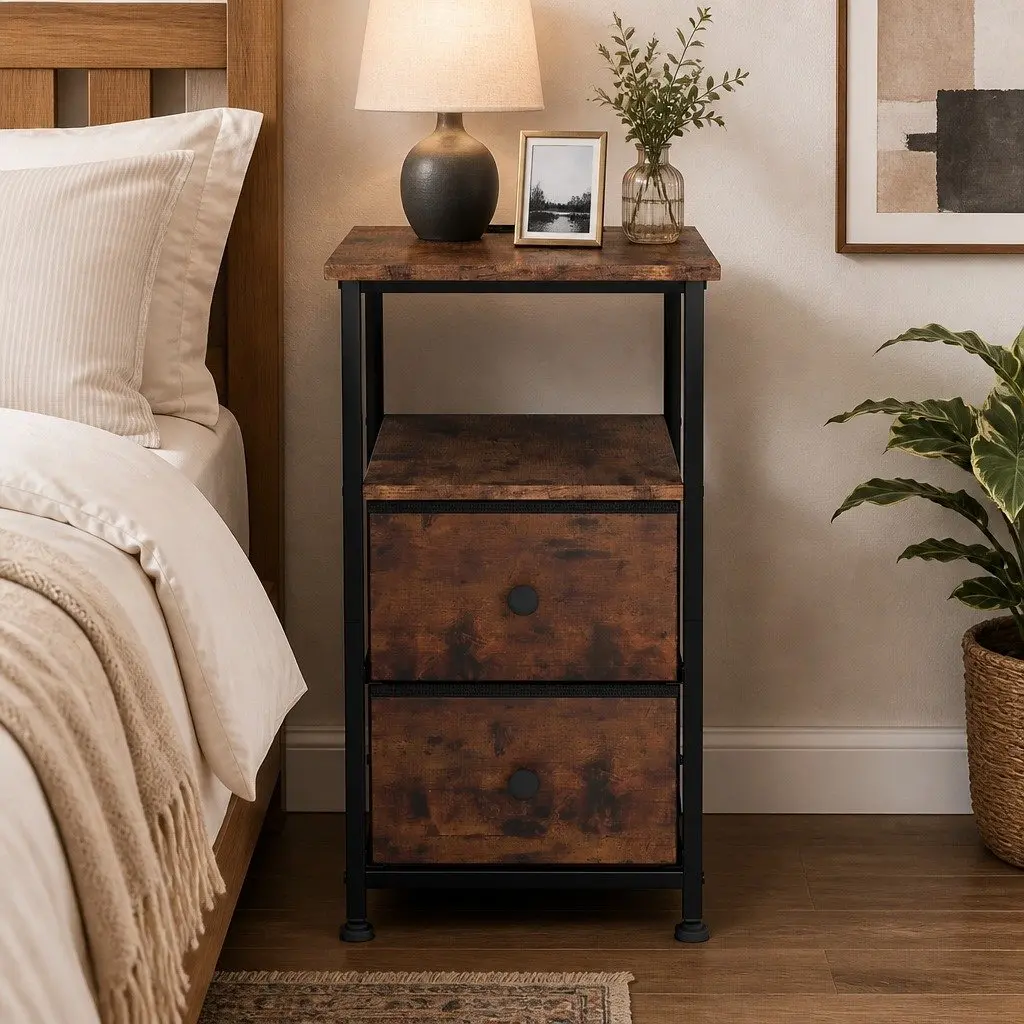 Bedside Table Side Table 2 Drawers Storage Cabinet with Charging Station Brown