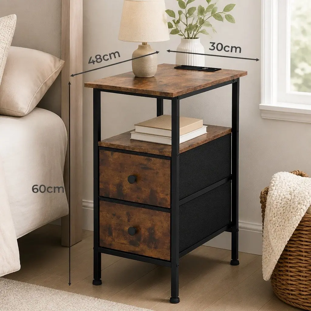 Bedside Table Side Table 2 Drawers Storage Cabinet with Charging Station Brown