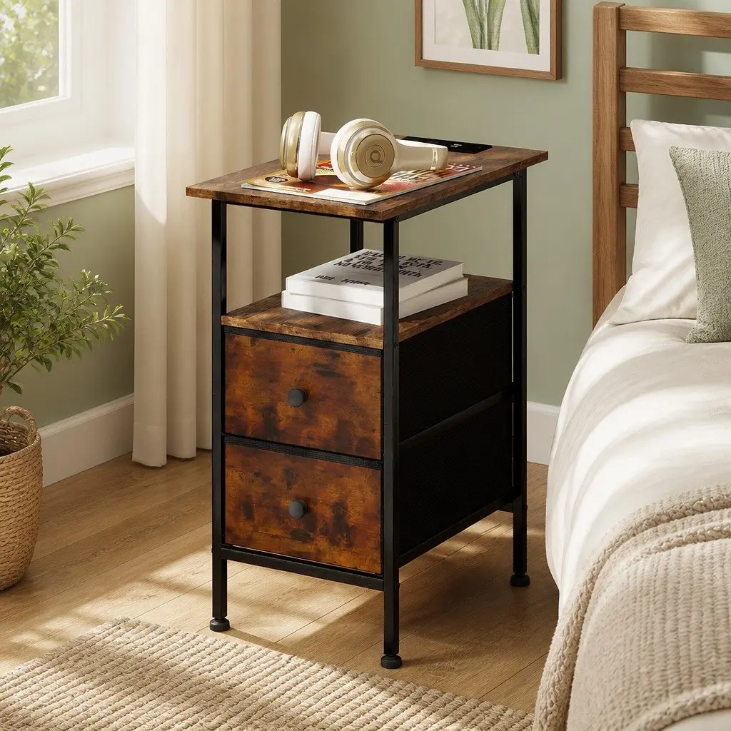 Bedside Table Side Table 2 Drawers Storage Cabinet with Charging Station Brown