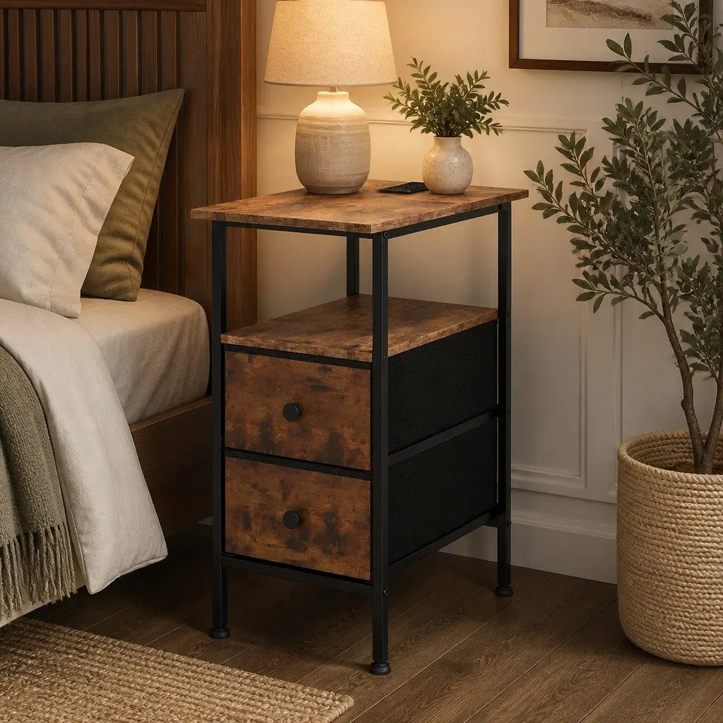 Bedside Table Side Table 2 Drawers Storage Cabinet with Charging Station Brown