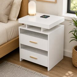 Smart Bedside Table Motion Sensor RGB Charging Nightstand Bedroom Storage White