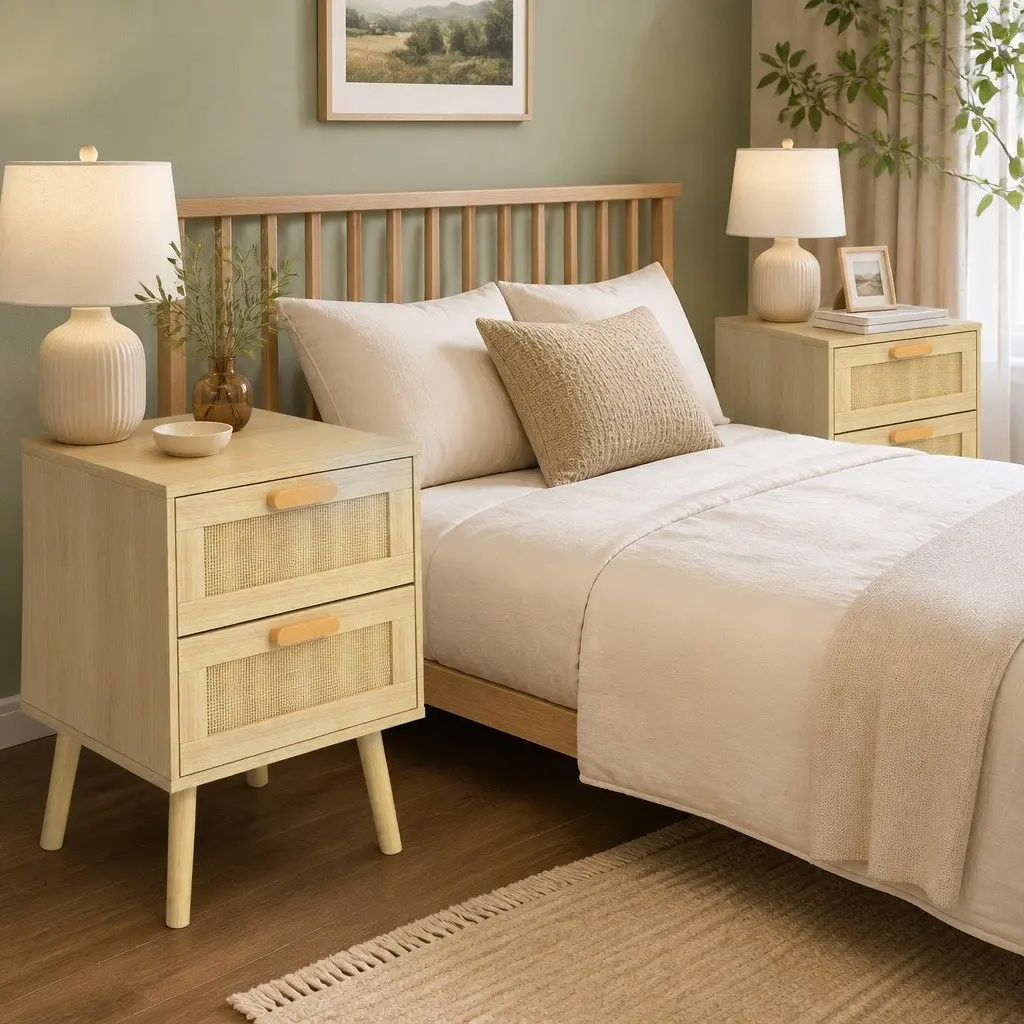 Bedside Tables Set of 2 Wooden Side Table Nightstand Bedroom Rattan Drawers