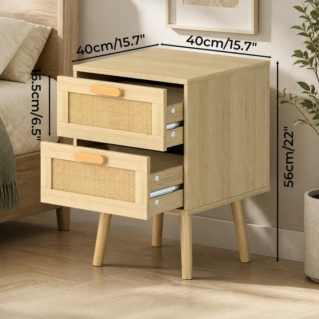 Bedside Tables Set of 2 Wooden Side Table Nightstand Bedroom Rattan Drawers