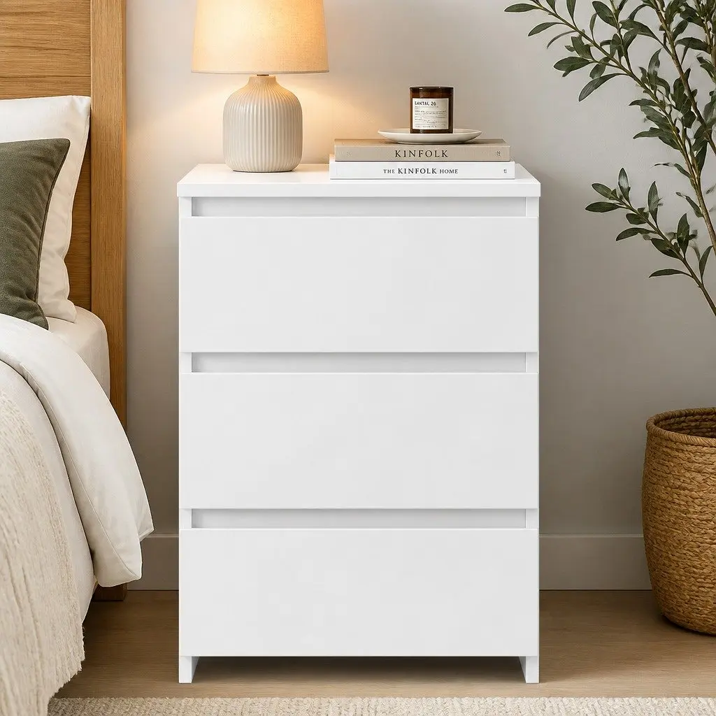 Bedside Table 3 Drawers Storage Nightstand Compact White