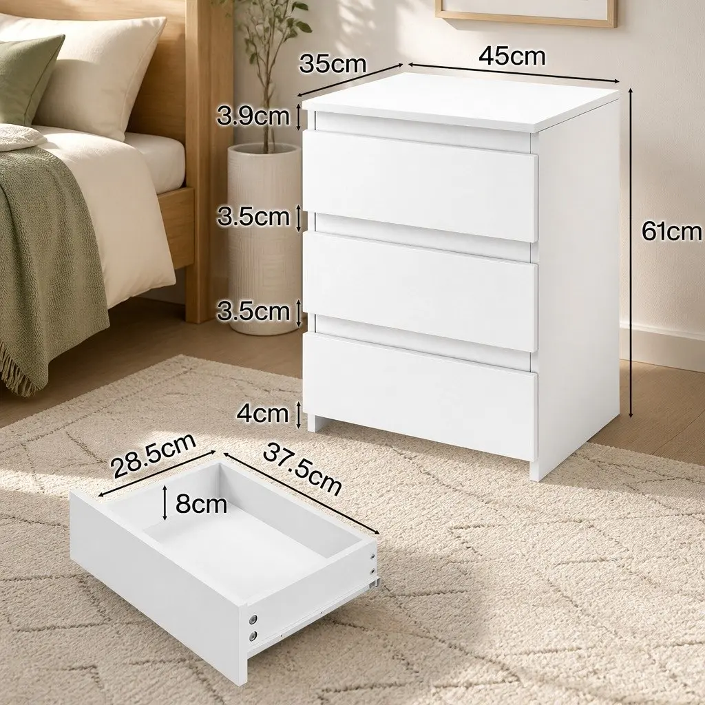 Bedside Table 3 Drawers Storage Nightstand Compact White