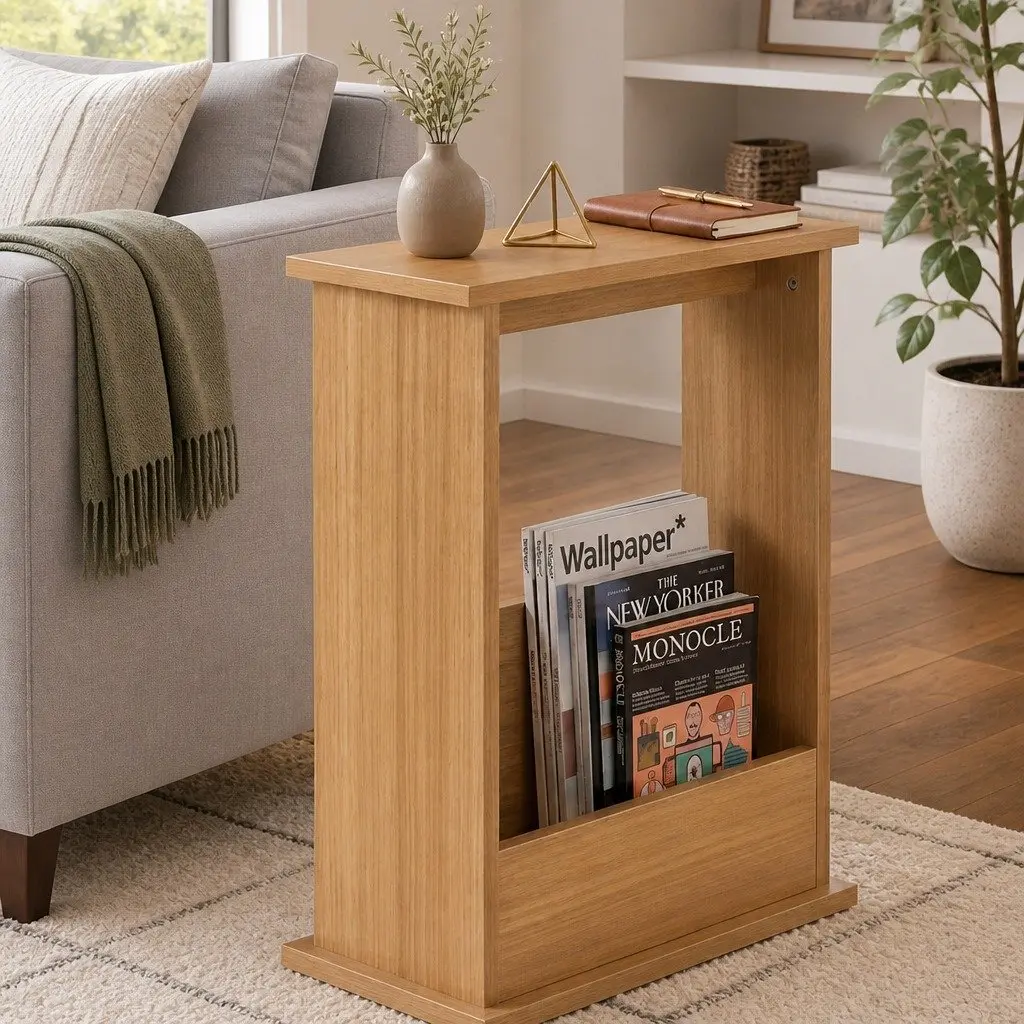 Slim Side Table with Magazine Rack Dark Oak 45cm x 18cm x 55cm