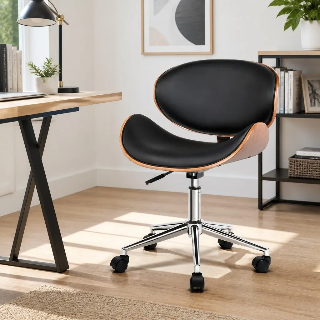 Wooden Office Chair PU Leather Seat Black 360 Degree Swivel