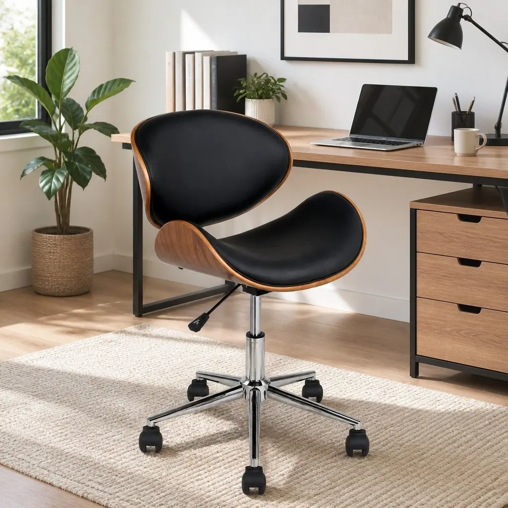 Wooden Office Chair PU Leather Seat Black 360 Degree Swivel
