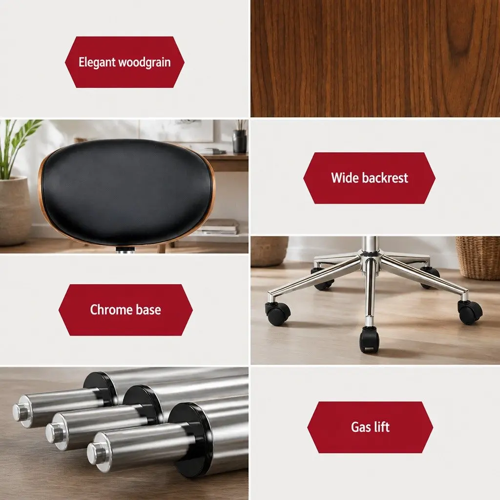 Wooden Office Chair PU Leather Seat Black 360 Degree Swivel
