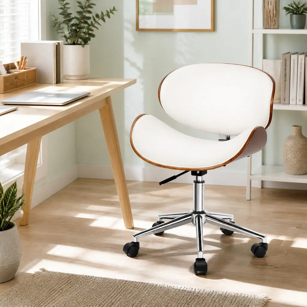 Office Chair with Wooden Frame and Winged Back White PU Leather Seat Adjustable Height Swivel Functionality