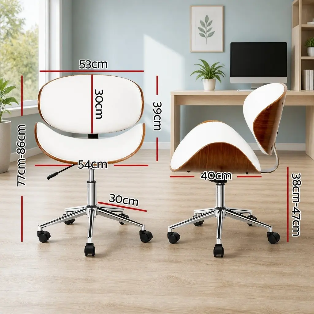 Office Chair with Wooden Frame and Winged Back White PU Leather Seat Adjustable Height Swivel Functionality