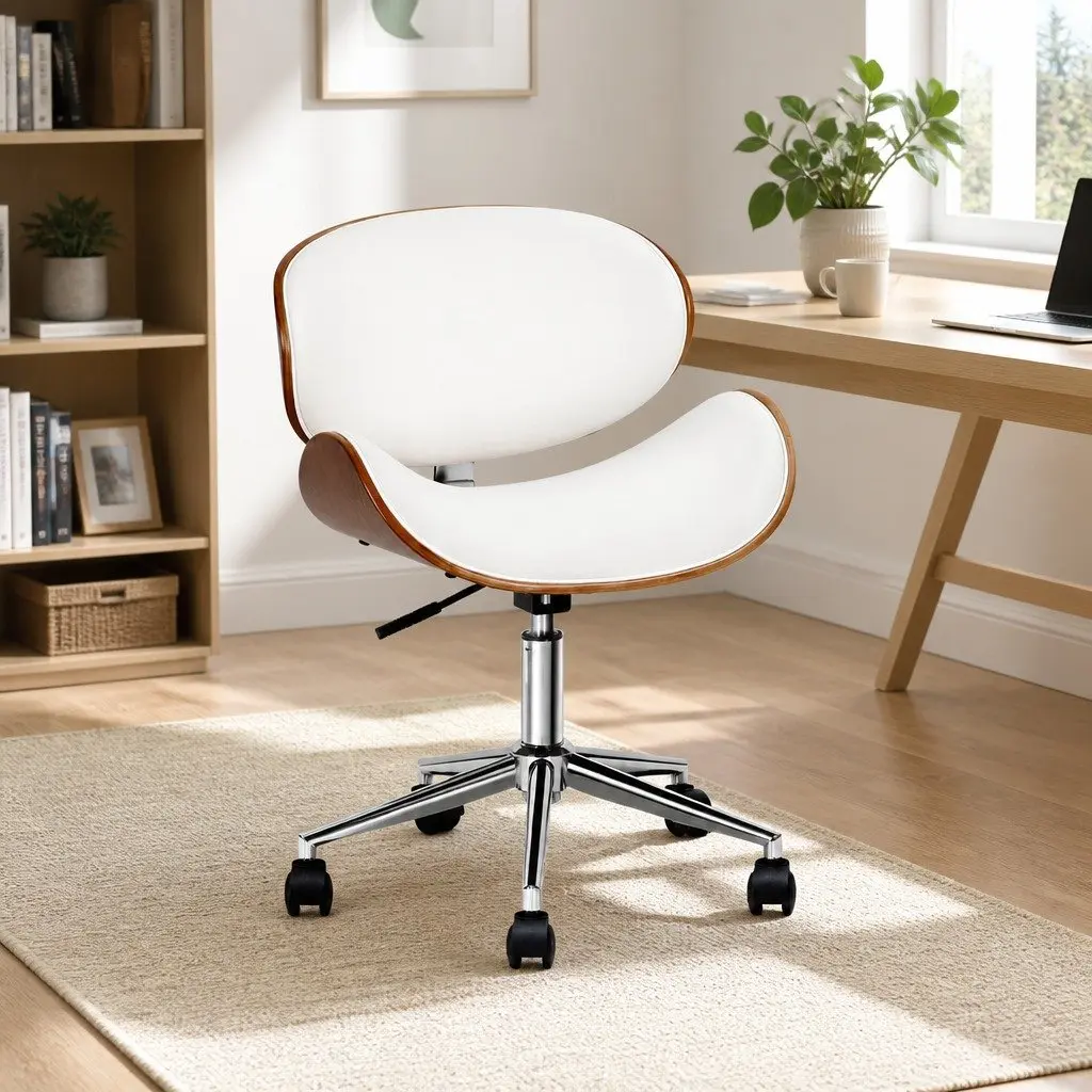 Office Chair with Wooden Frame and Winged Back White PU Leather Seat Adjustable Height Swivel Functionality