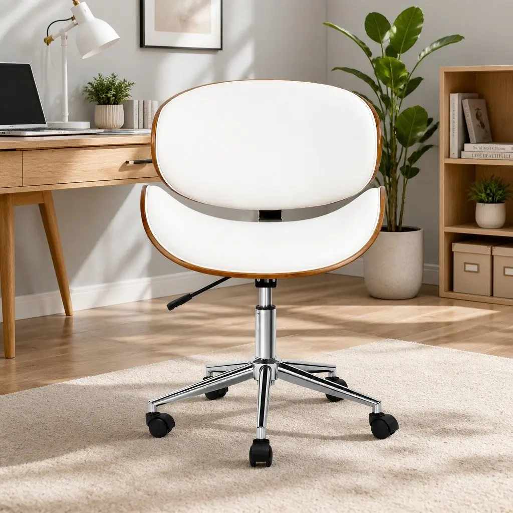 Office Chair with Wooden Frame and Winged Back White PU Leather Seat Adjustable Height Swivel Functionality