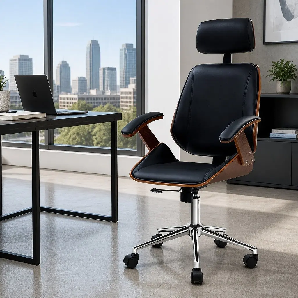 Office Chair Wooden Frame Black Leather Seat Height Adjustable Ergonomic Swivel