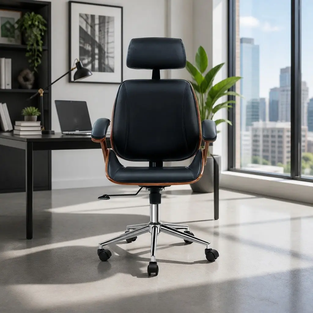 Office Chair Wooden Frame Black Leather Seat Height Adjustable Ergonomic Swivel