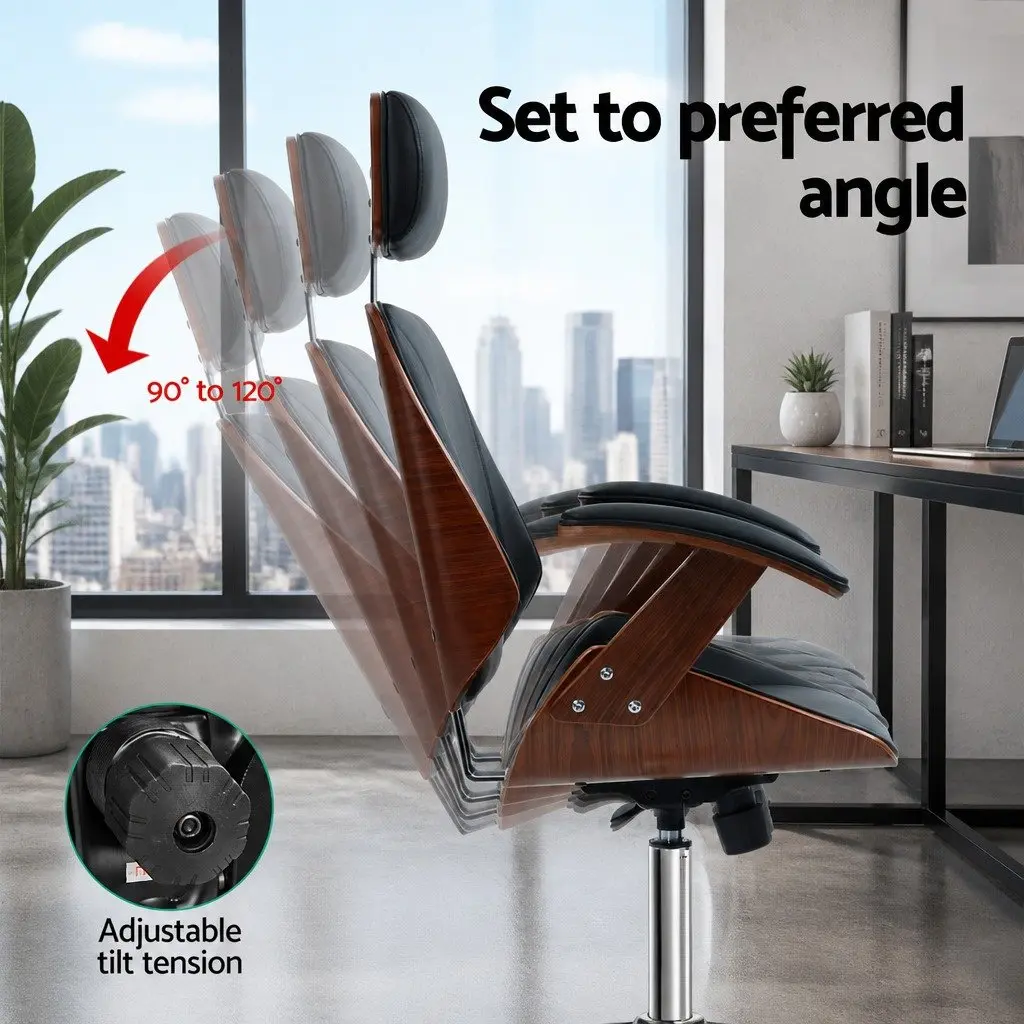 Office Chair Wooden Frame Black Leather Seat Height Adjustable Ergonomic Swivel