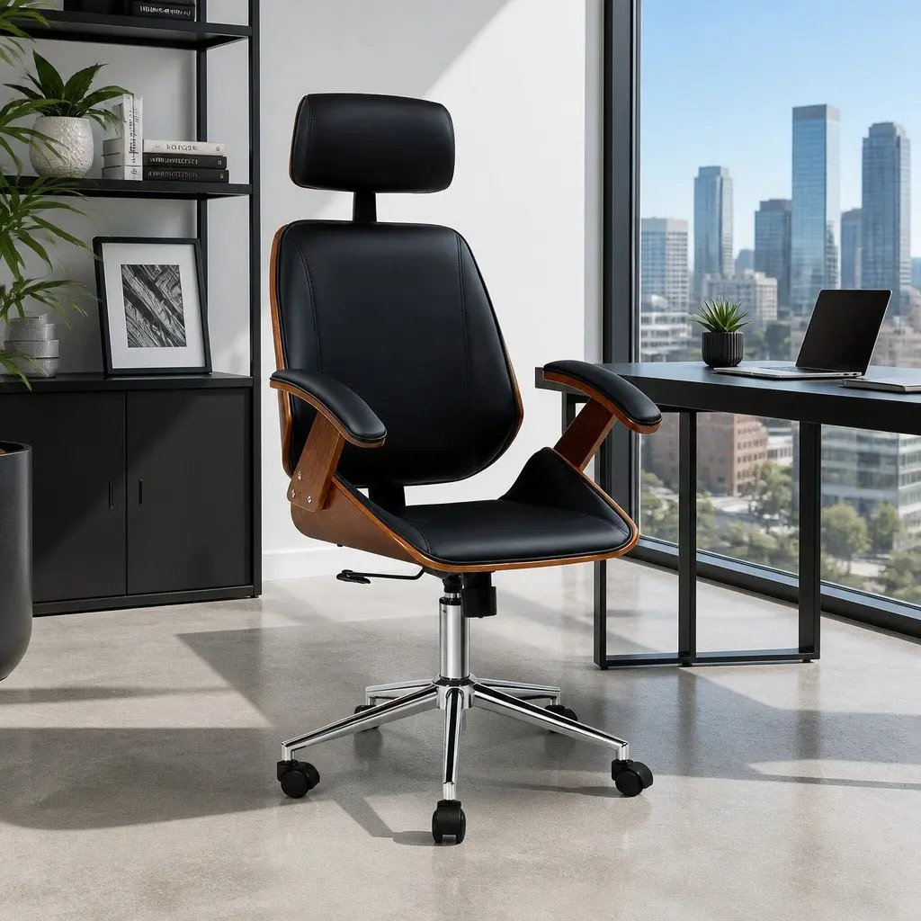 Office Chair Wooden Frame Black Leather Seat Height Adjustable Ergonomic Swivel