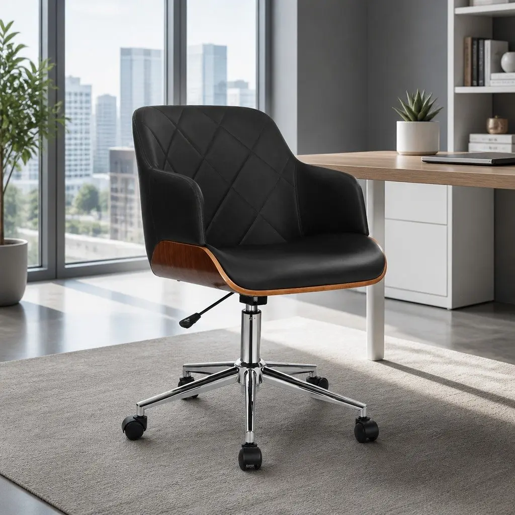 Office Chair Contoured Wooden Frame Black PU Leather Seat Adjustable Height Chrome Base