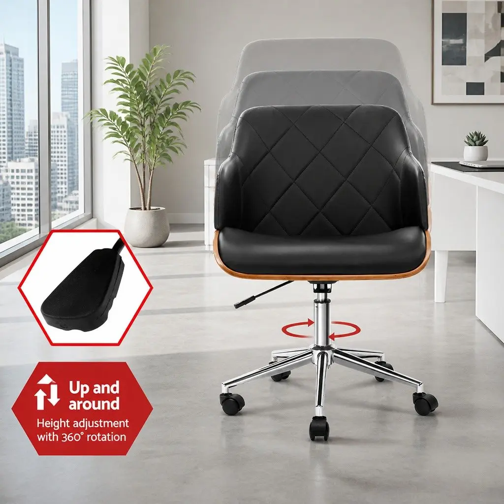 Office Chair Contoured Wooden Frame Black PU Leather Seat Adjustable Height Chrome Base