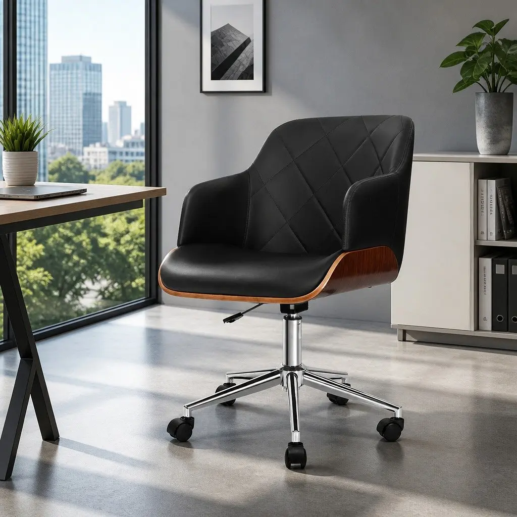 Office Chair Contoured Wooden Frame Black PU Leather Seat Adjustable Height Chrome Base