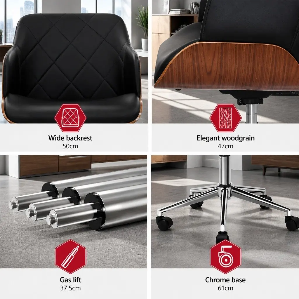 Office Chair Contoured Wooden Frame Black PU Leather Seat Adjustable Height Chrome Base