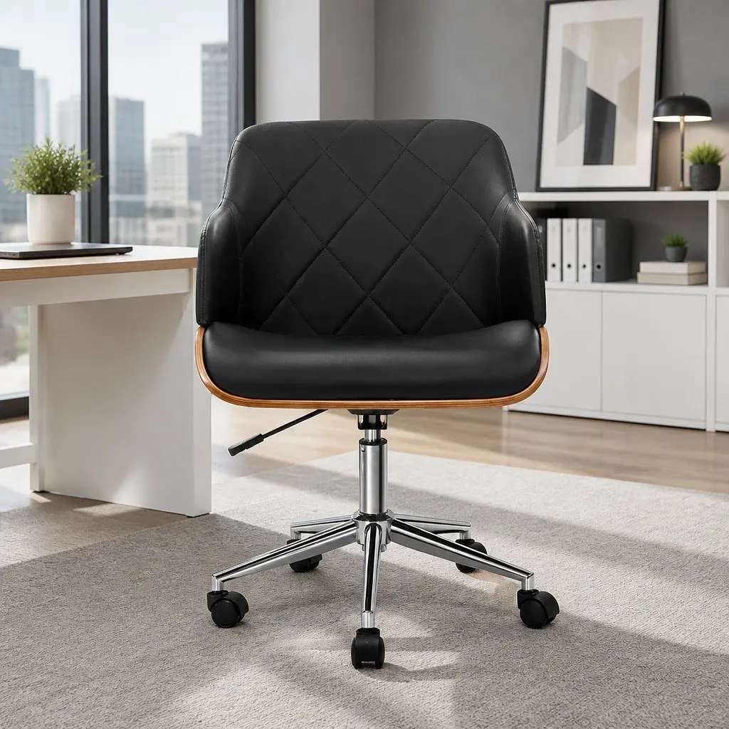 Office Chair Contoured Wooden Frame Black PU Leather Seat Adjustable Height Chrome Base