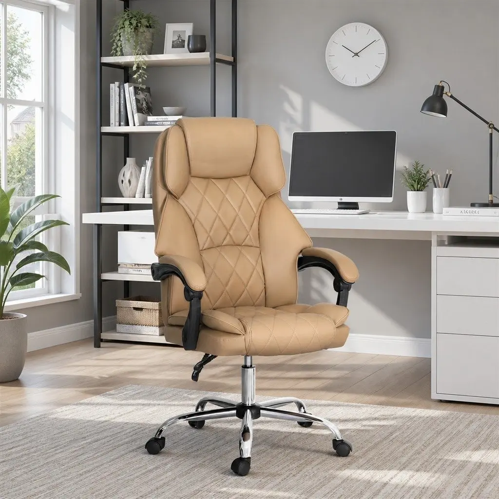 Executive Office Chair High Back Reclining Swivel Desk Seat Brown Leather