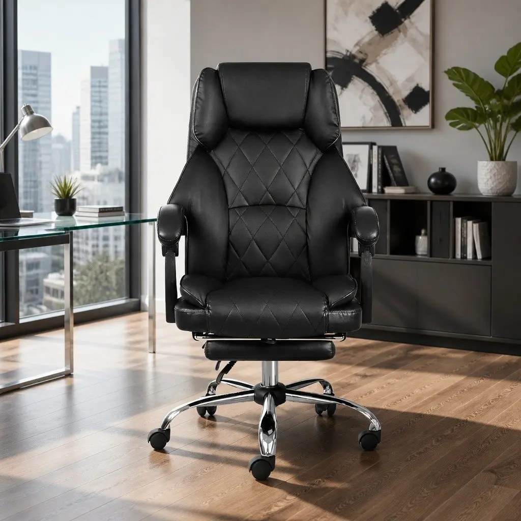 Executive Office Chair with Footrest Reclining Black Leather Desk Seat