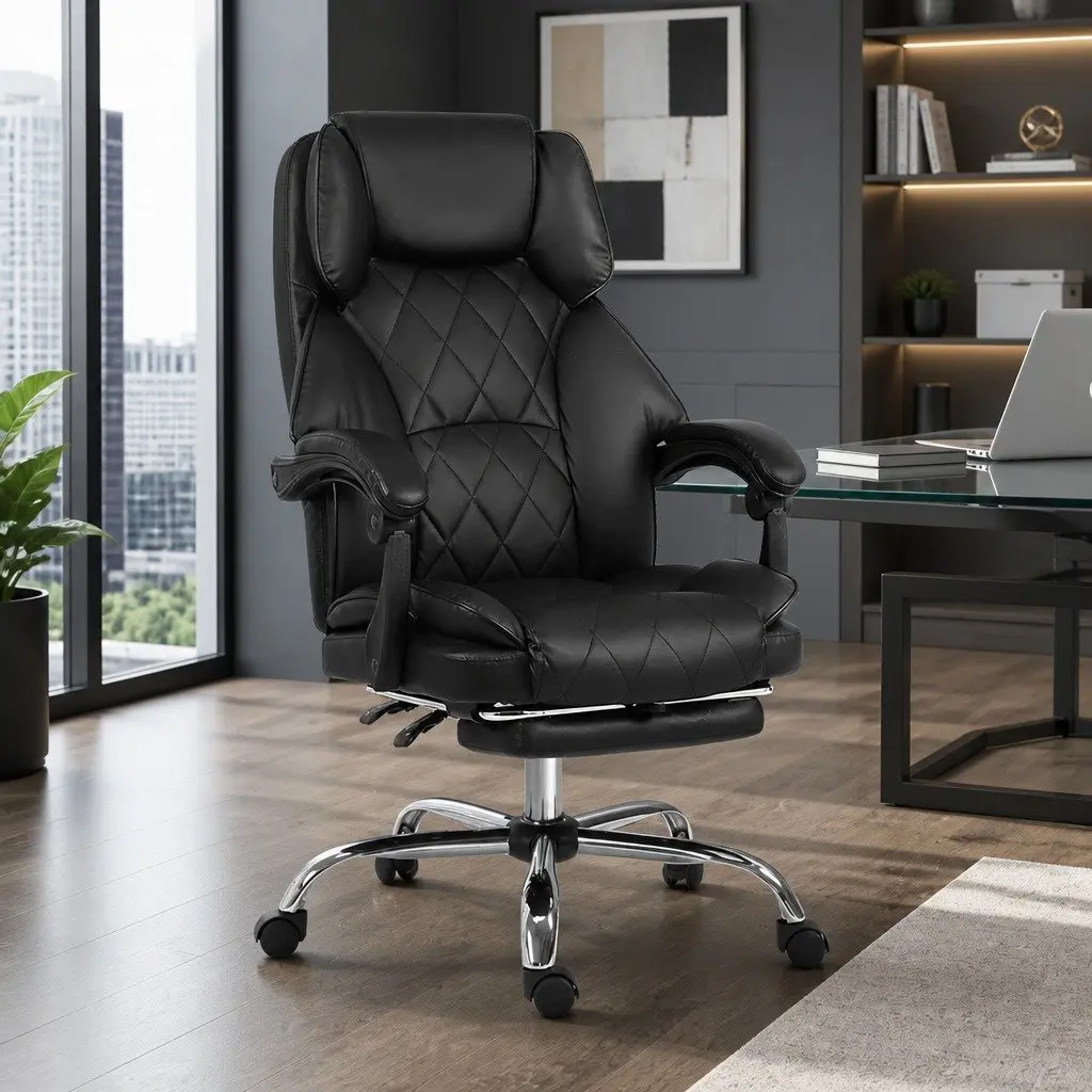 Executive Office Chair with Footrest Reclining Black Leather Desk Seat