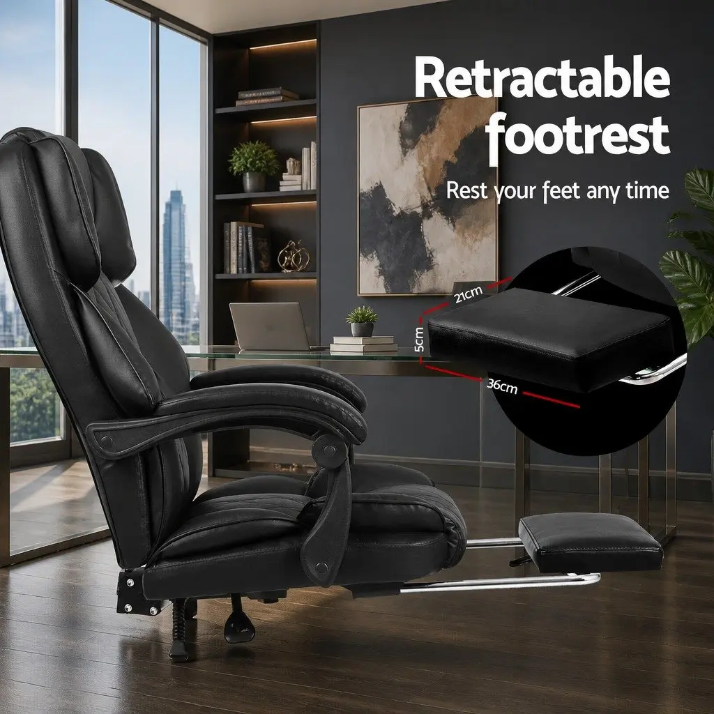 Executive Office Chair with Footrest Reclining Black Leather Desk Seat