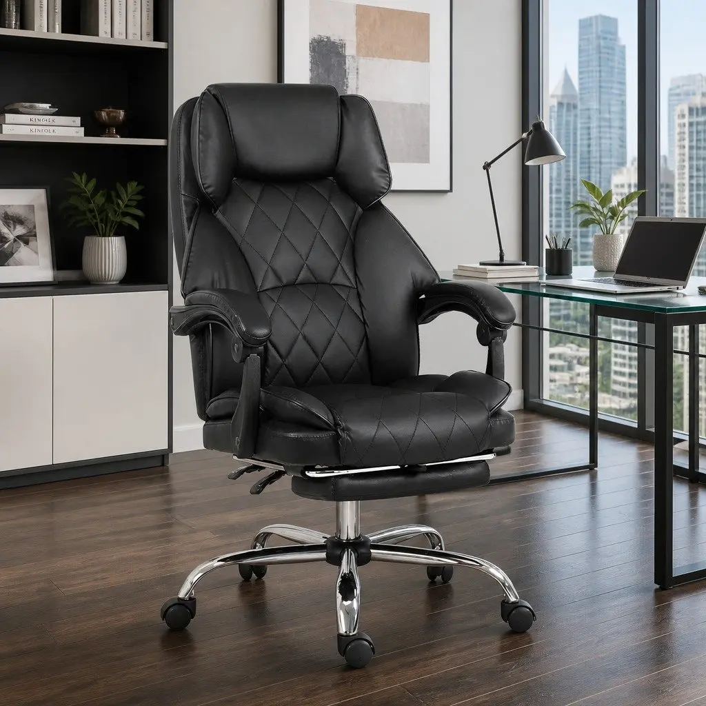 Executive Office Chair with Footrest Reclining Black Leather Desk Seat