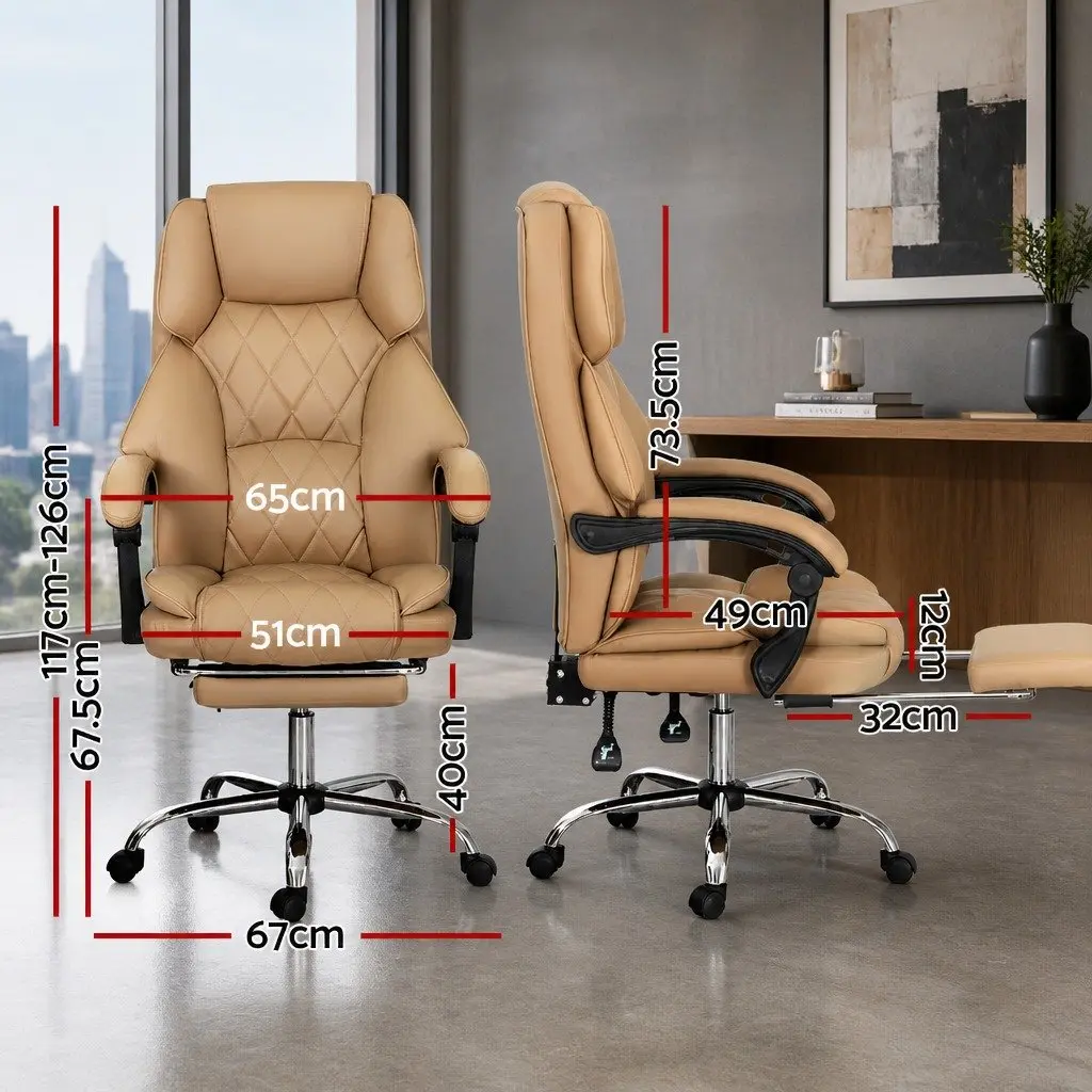 Executive Office Chair Brown Leather High-Back Reclining Swivel Seat with Footrest