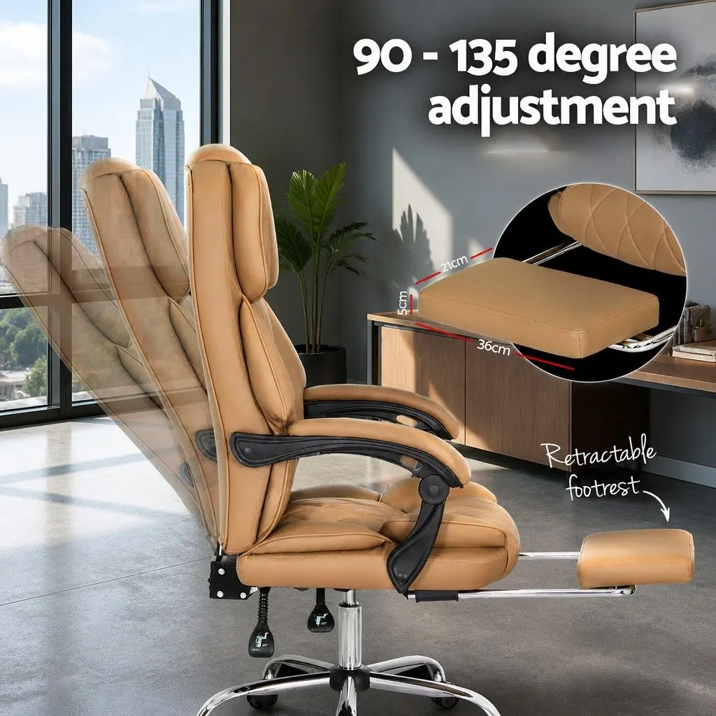Executive Office Chair Brown Leather High-Back Reclining Swivel Seat with Footrest