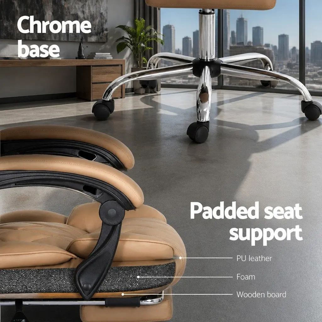 Executive Office Chair Brown Leather High-Back Reclining Swivel Seat with Footrest