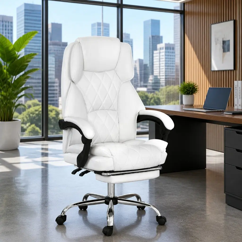 White Office Chair with Footrest