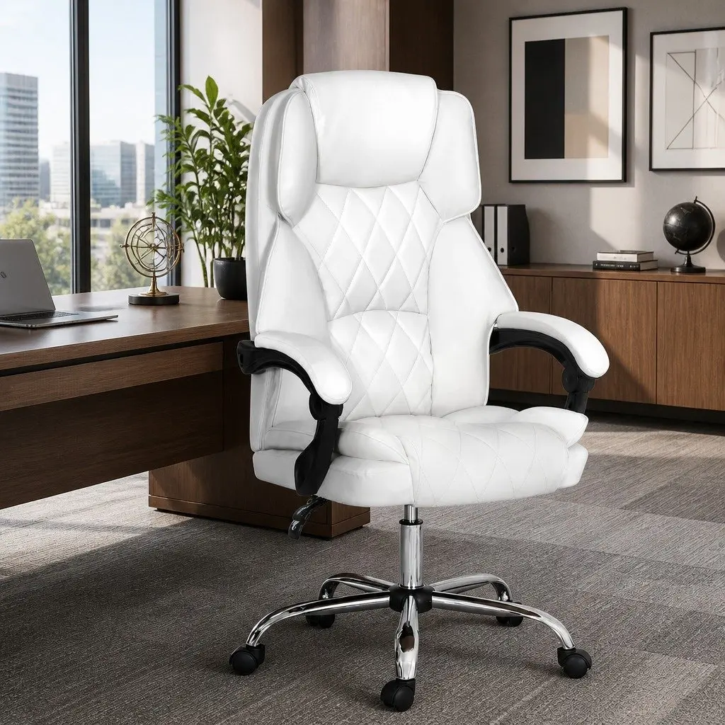 Office Chair High-Back Recliner White Padded Armrests Adjustable